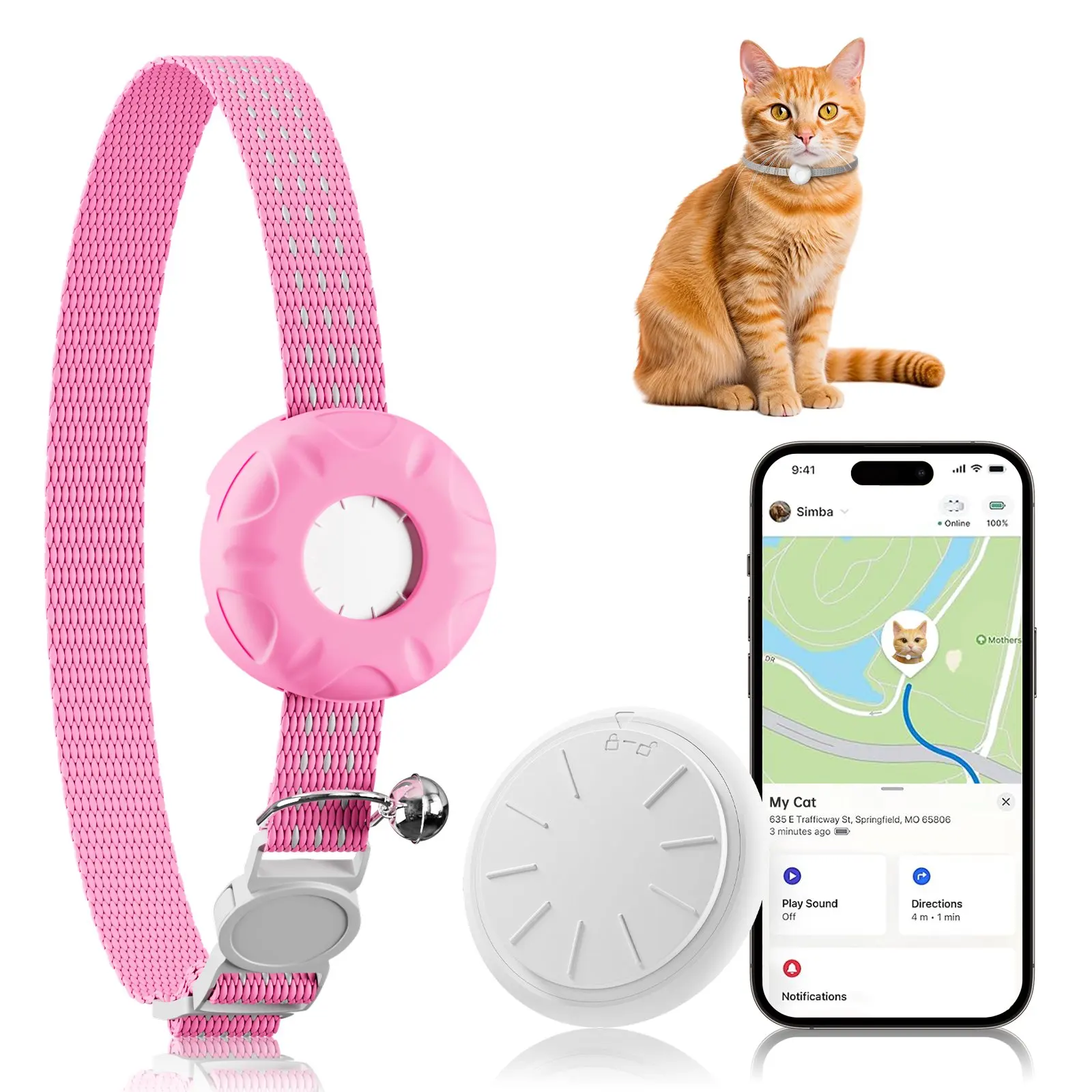 

Cat chain tracker pet cat real-time positioning GPS anti loss device Pink safety elastic buckle waterproof tracker (IOS only)