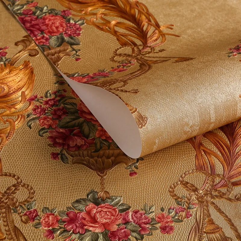 Papel de Parede Grande Flor para Sala e Quarto Não Auto-adesivo Luxo Estilo Palácio Ouro Café Fundo