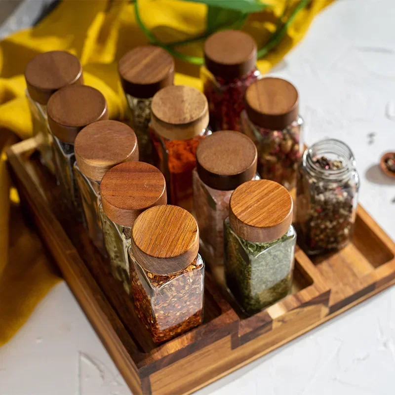 Three Layer Acacia Wood Cover Shelving Kitchen 4OZ Square Glass Seasoning Bottle Holders Seasoning Spice Jars Racks