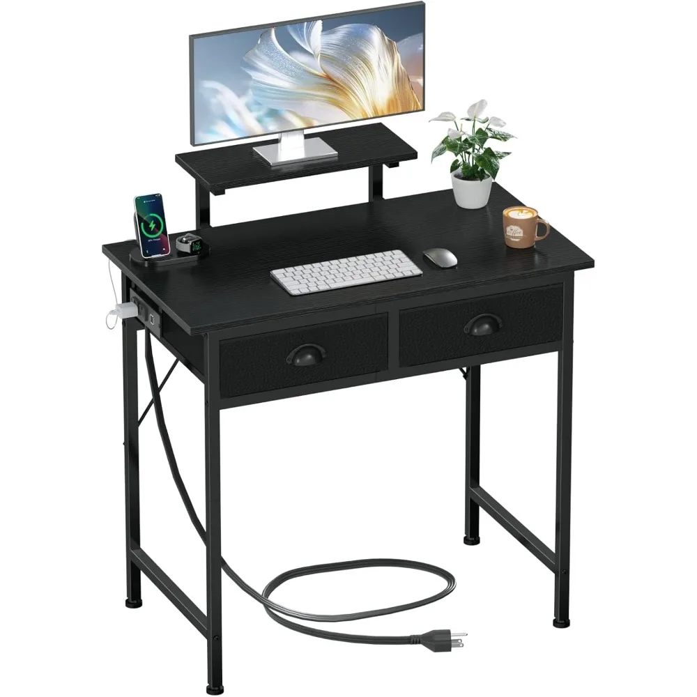 30 Inch Small Desk with 2 Fabric Drawers, Black Gaming Desk with Power Outlets, Computer Desk with Monitor Stand, Modern Work W