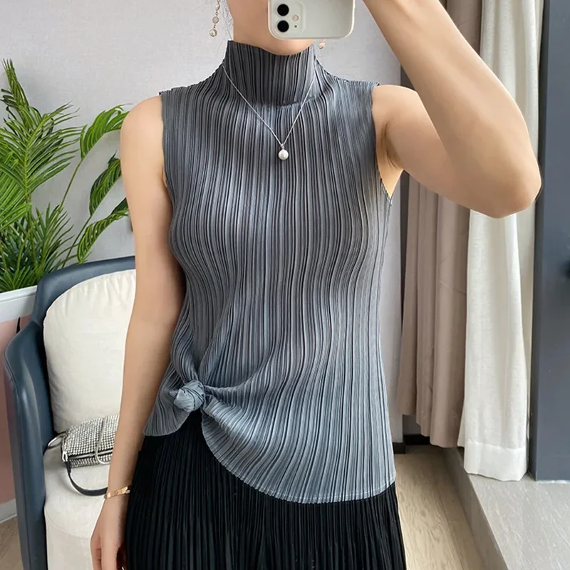 Miyake Fold Slim Slimming Sleeveless High-Neck Temperament Base Vest, Pleats One Piece Corset, Summer Top