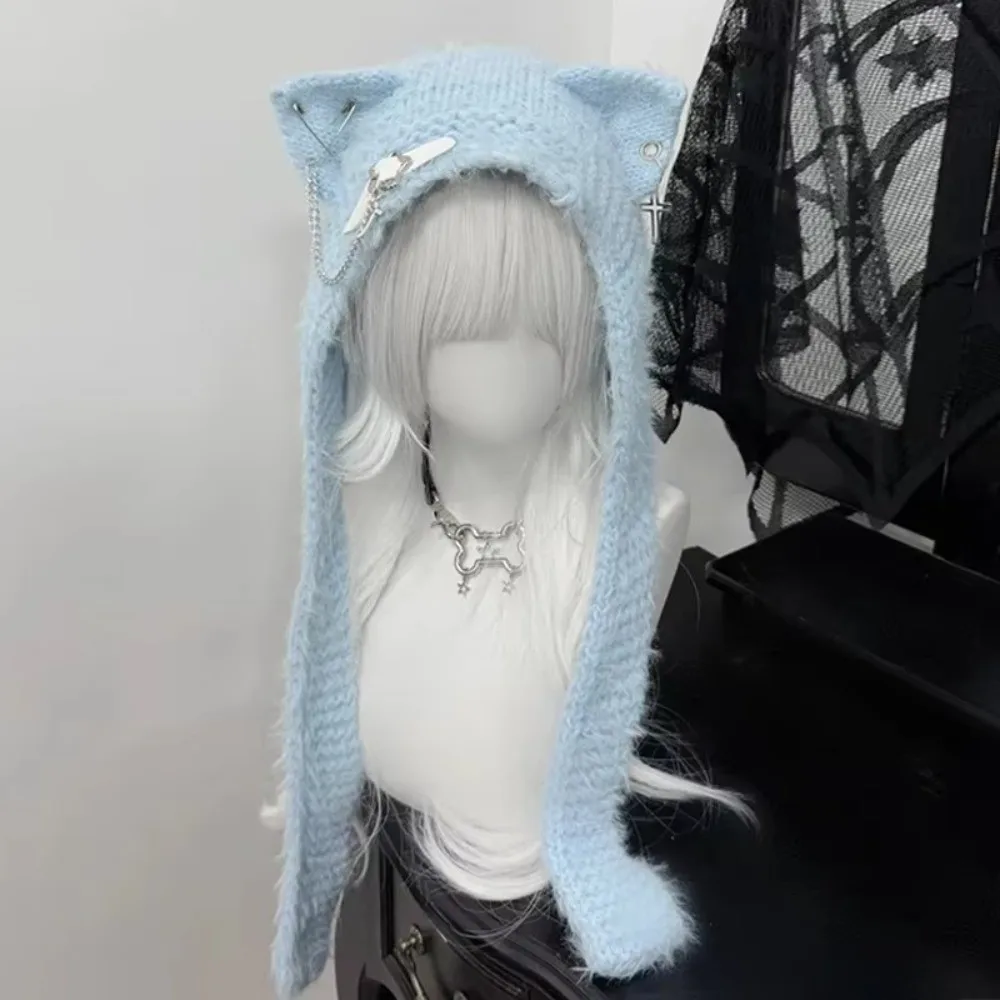 Gifts Harajuku Japanese Cat Ear Hat with Scarf Buckle Five-pointed Star Woolen Hats Cross Chain Leather Warm Ear Flap Hat
