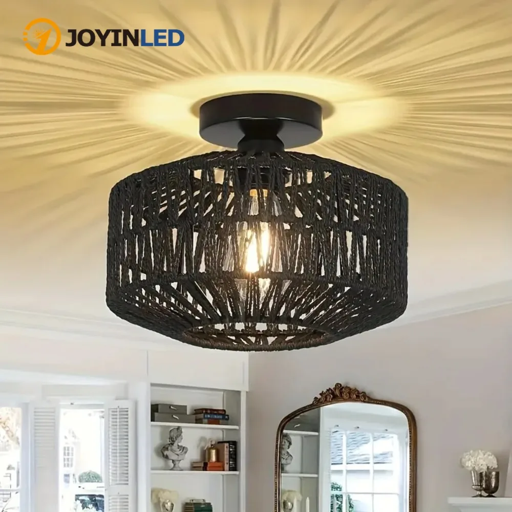 

JOYINLED Handcrafted Rattan Bohemian Ceiling Light - Rustic Farmhouse Charm Easy Mount Ideal- Light Bulb Not Included