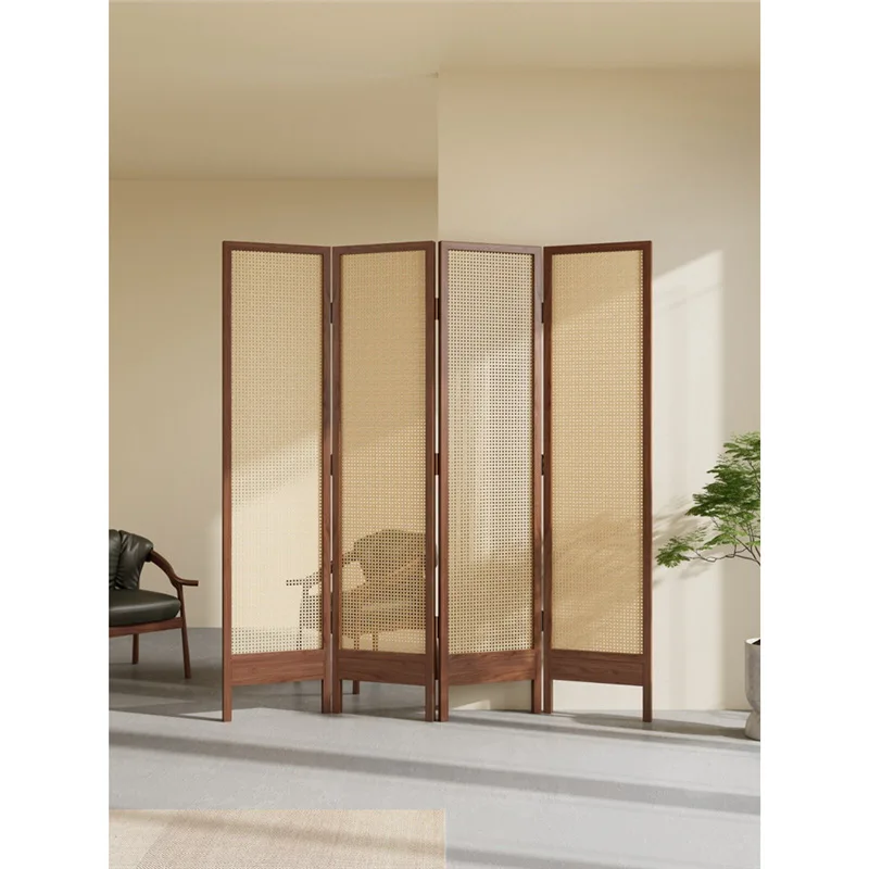 black walnut Song style aesthetic rattan woven screen tea room partition folding screen Zen club furniture