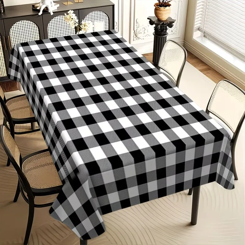 One [2D] flat banner, black and white checkered tablecloth - durable polyester rectangular kitchen table coverzyc