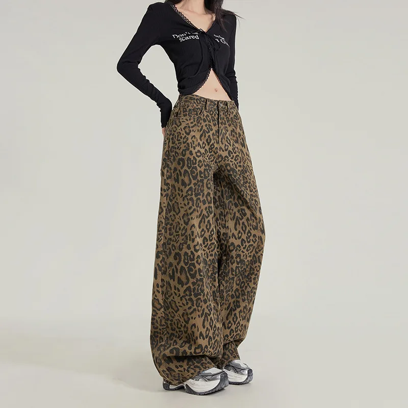 High Waist Leopard Jeans Women Wide Leg Jean Washed Full Length Denim Pants Zipper Fly Spliced Pockets Loose Distressed