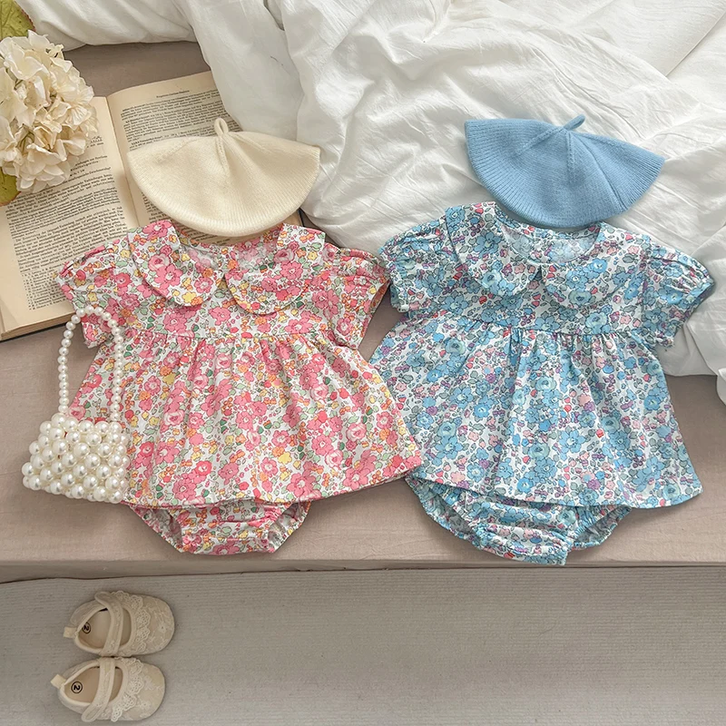 

2024 New Summer Infant Baby Girls Clothes Suit Short Sleeved Cotton Printed Shirt+PP Shorts 0-24M Children Clothing Set