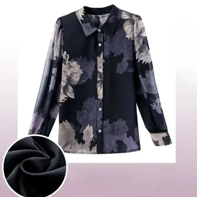 Turn-down Collar Long Sleeve Chiffon Button Cardigan Elegant Shirt Casual Women\'s Plant&Flowers Tie Dye Spring Autumn Tops