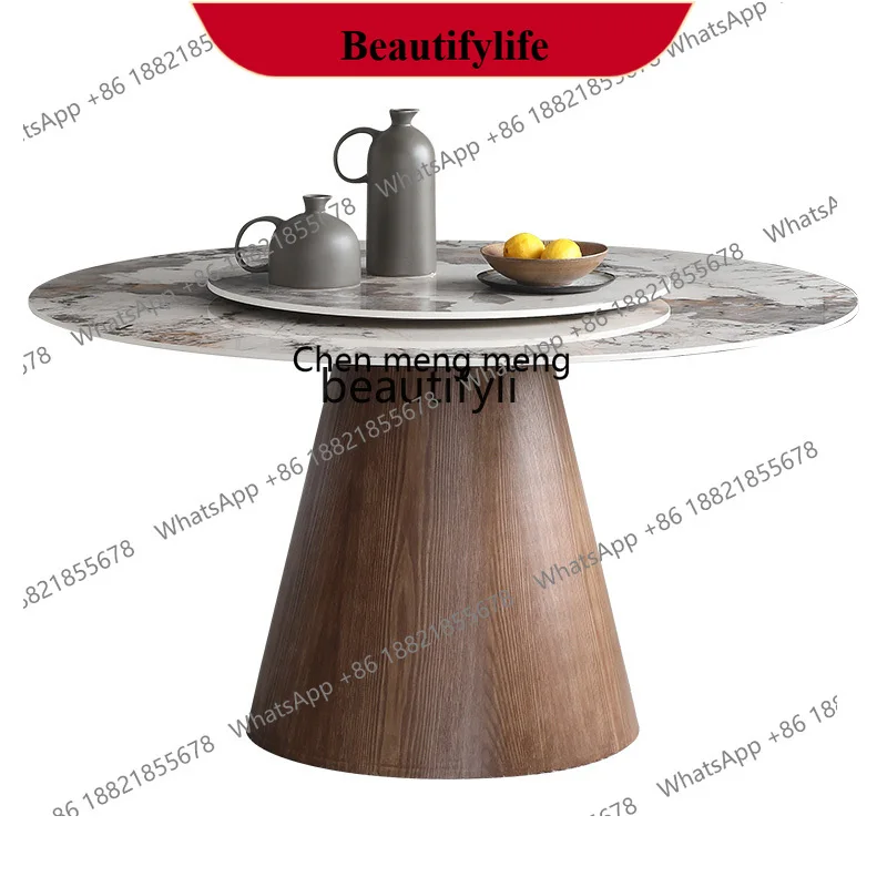 z183 Italian solid wood round dining table with turntable modern simple designer bright rock slab round table