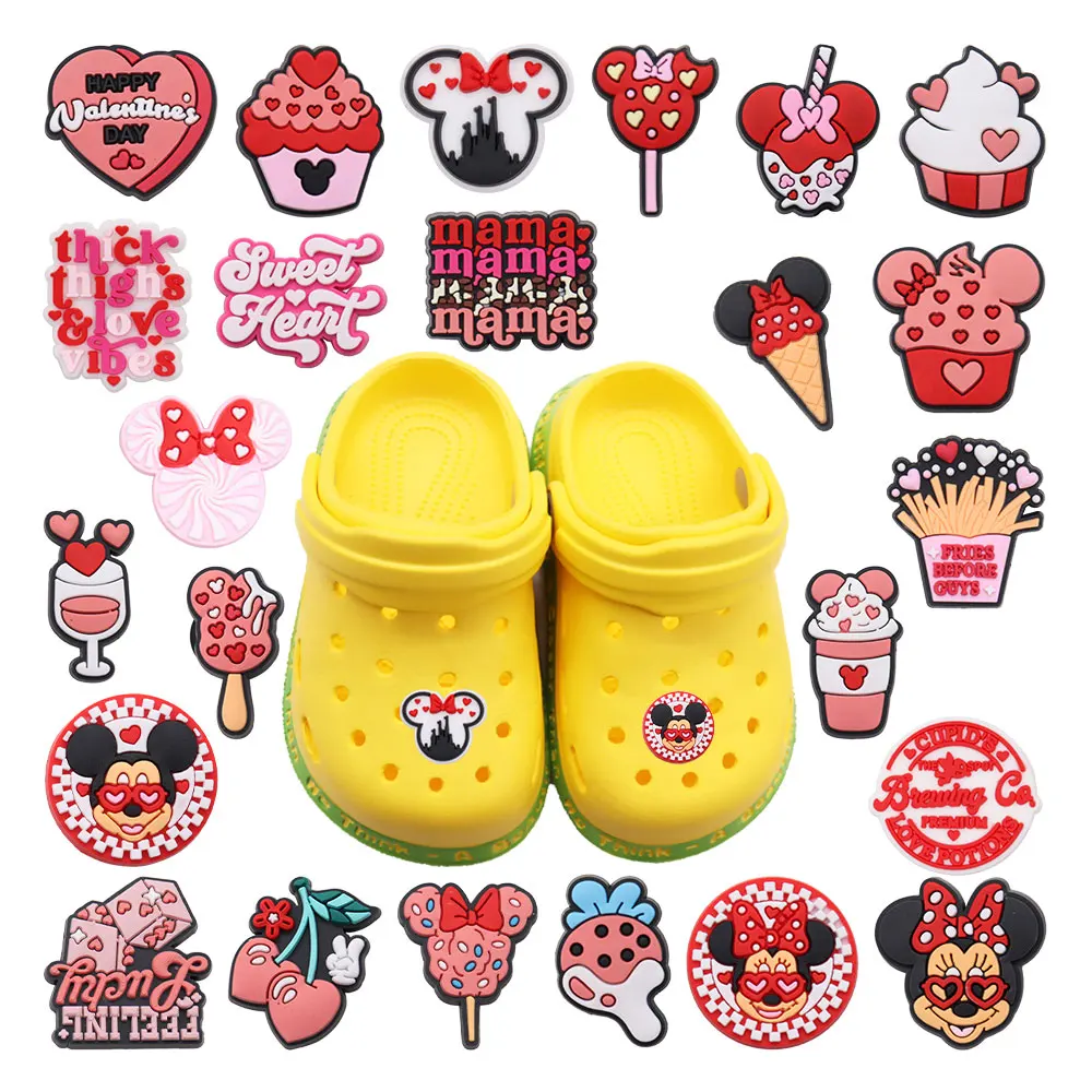 1-24Pcs PVC Pink Minnie Cupcake Mama Disney Shoe Charms Girls Lovely Button Accessories Fit cute Birthday Gifts