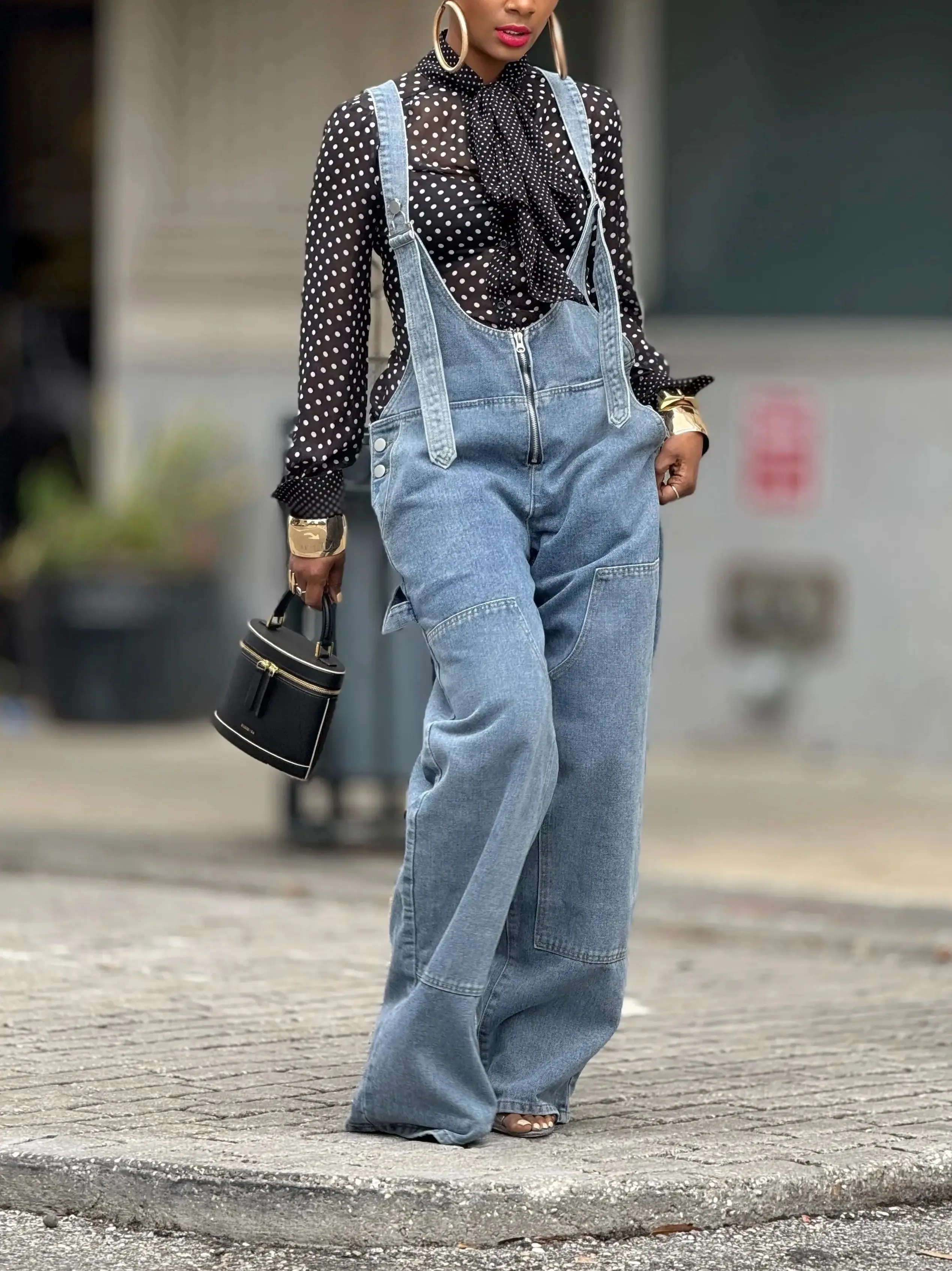 Women'S Non-Stretch Denim Jumpsuit - Wide Leg Accordion Pants with Deep Heel Pockets, Spaghetti Strap & Lace-Up Waist, Solid Col