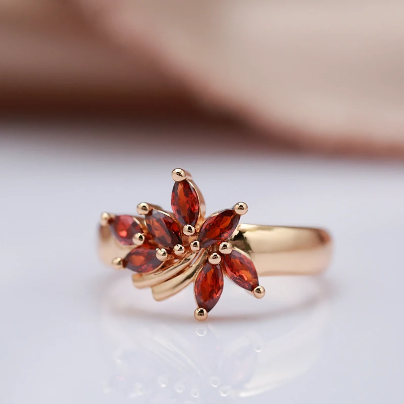 Kinel New Red Natural Zircon Flower Ring for Women 585 Rose Gold Ethnic Bride Rings High Quality Daily Fine Vintage Jewelry