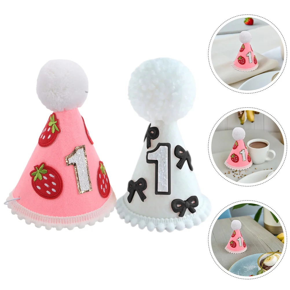 

2Pcs Baby Crown Hat Felt Strawberry Design Lightweight Comfortable Adjustable for First Birthday Party Photo Shoot Cake Smash