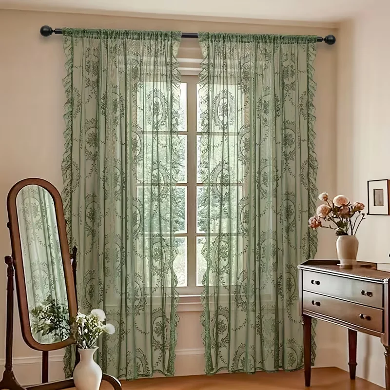 1pc French Vintage Lace Curtain, Princess Style Luxury Floral Trim, Bedroom Living Room Kitchen Drape