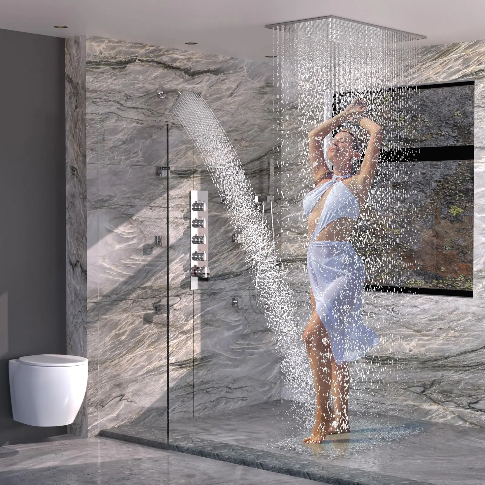 Chrome Stainless Steel Shower System with Dual Shower Heads 6 Pcs  Handheld Body Jets  Bathroom Shower Set