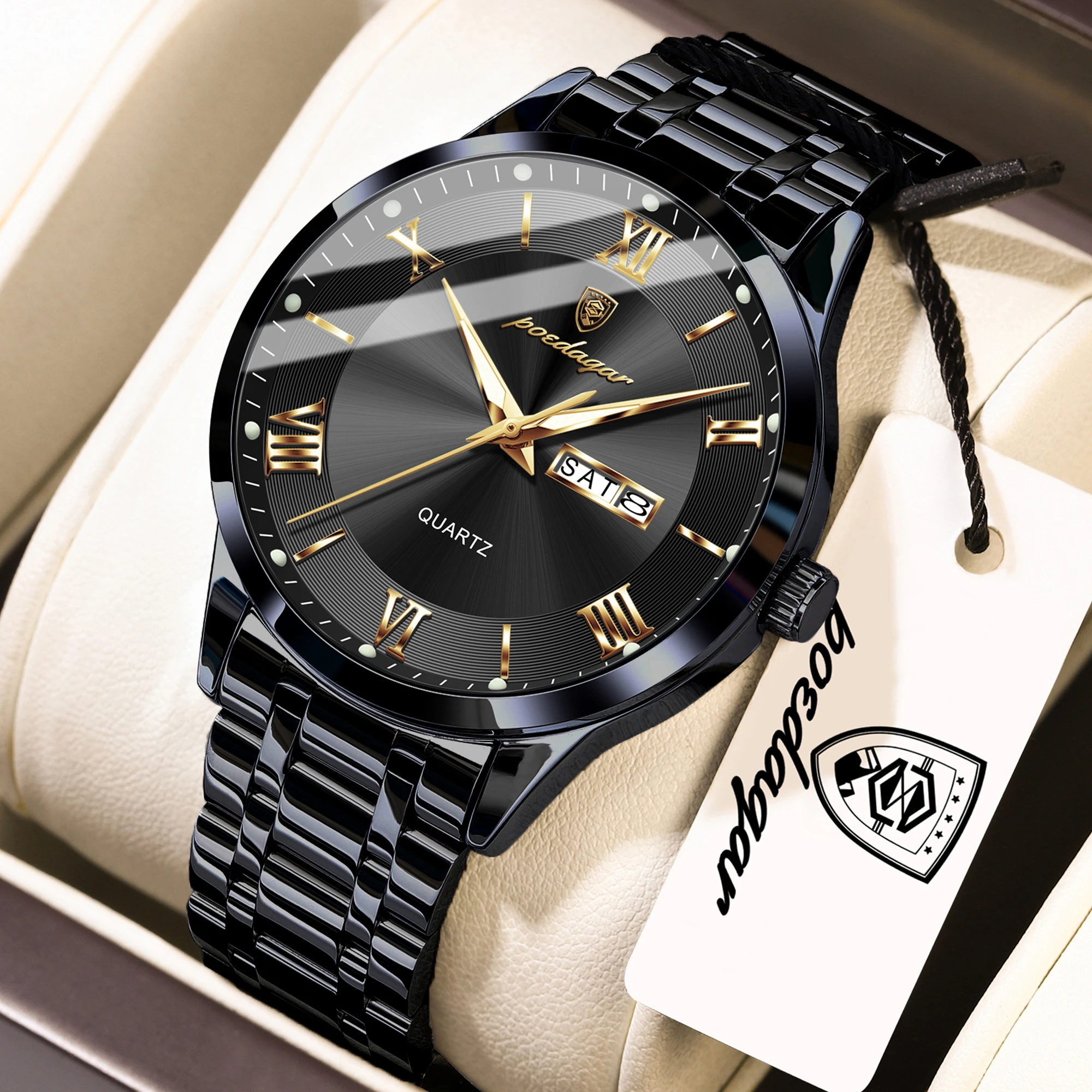 POEDAGAR Luxury Male Clock Waterproof Luminous Week Date Men's Watch Stainless Steel Quartz Fashion Watches For Men Reloj Hombre