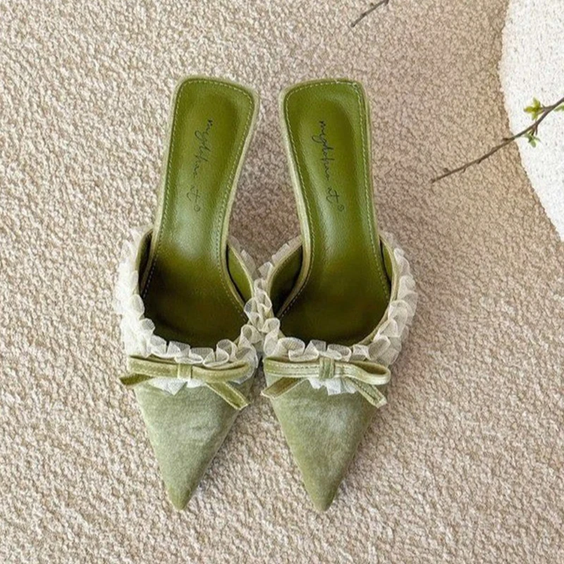 Bow Lace Women Sandals High Heels Slippers Pointed Toe Shoes Summer 2026 Elegant Pumps Fashion Slingback Shoes Dress Flip Flops