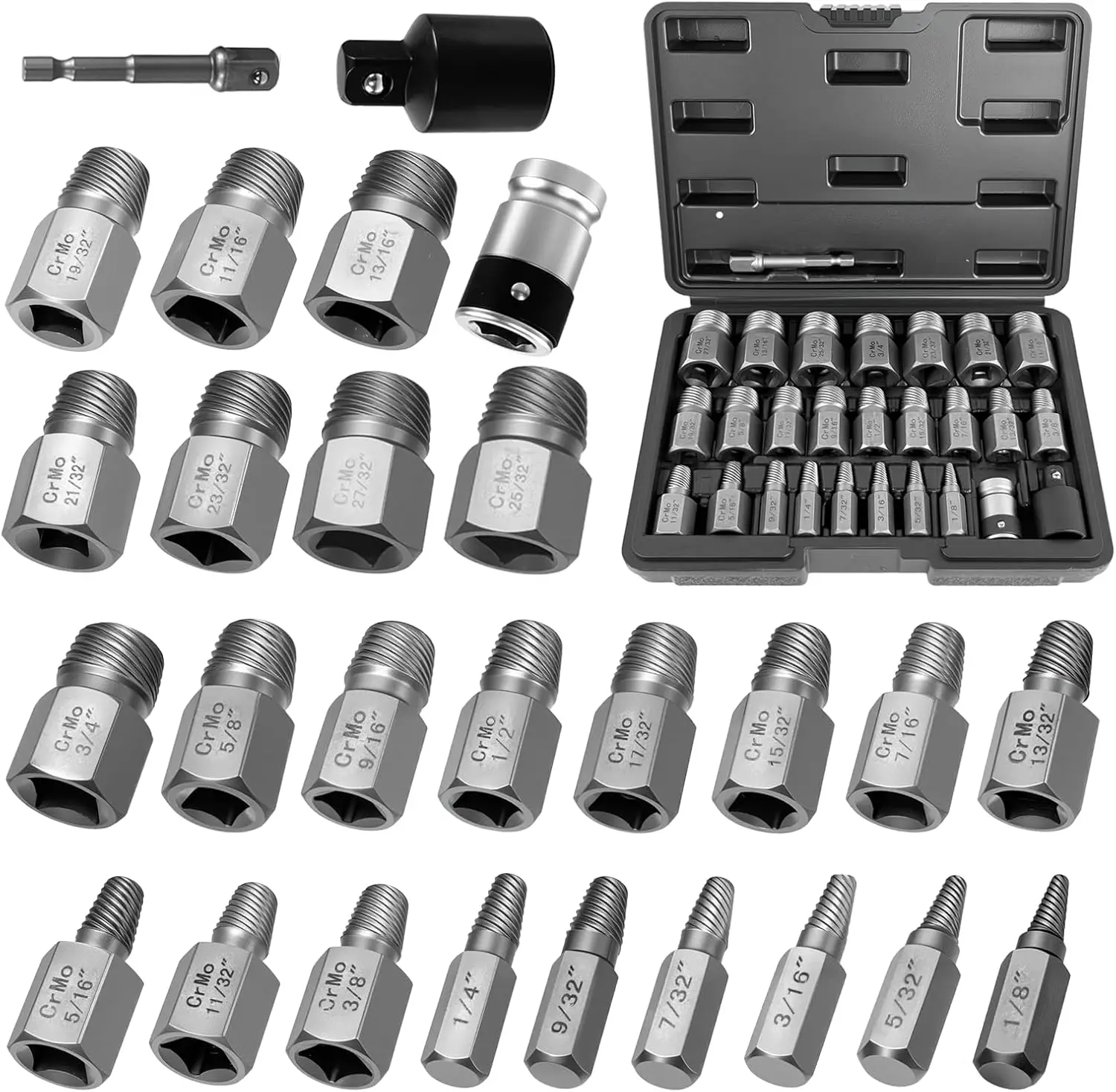 27PCS Screw Extractor Set, Upgrade Bolt Extractor Kit, Easy Out Screw Extractor Set, CR-MO Steel Heavy Duty Hex Head Multi-Spline for Damaged Bolts, Screws and Studs