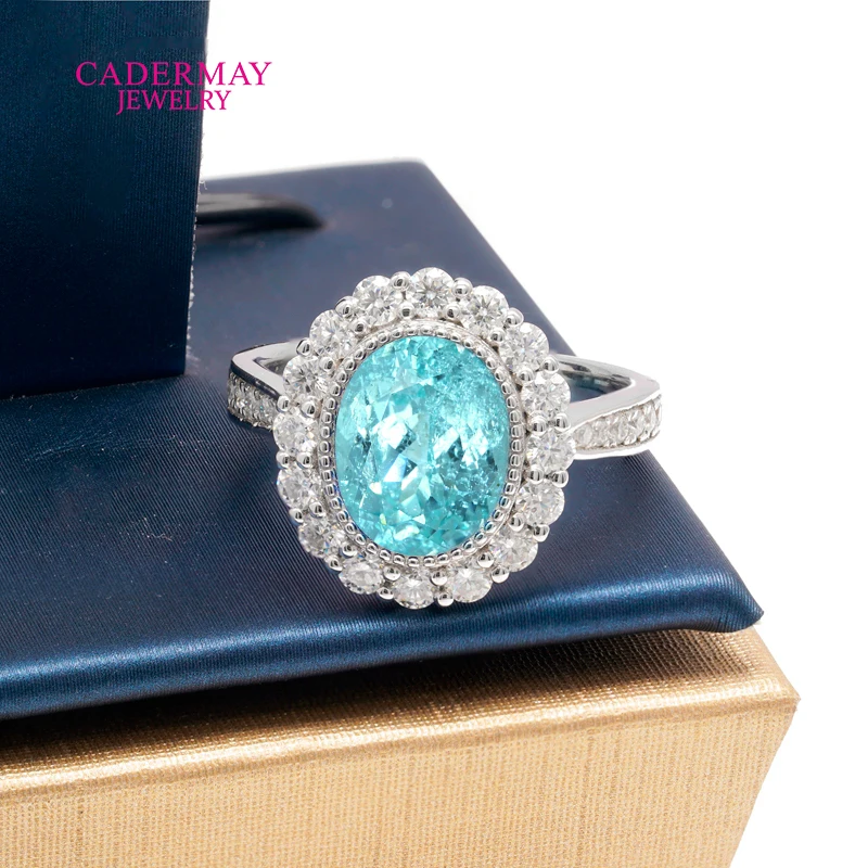 Cadermay 925 Silver 8x10mm Oval Shape Neon Blue Paraiba YAG With Halo Moissanite Wedding Engagement Rings Pave for Women Gift
