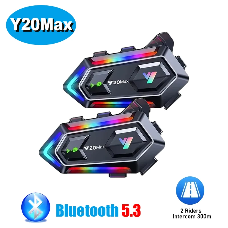 Y20 Max Motorcycle Helmet Bluetooth Headset Intercom 300M IPX6 Waterproof Battery 1000mAh Double Noise Reduction Auto Answer MP3