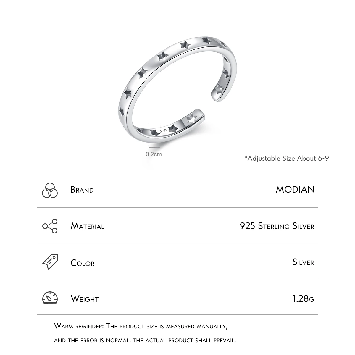 MODIAN 925 Sterling Silver Vintage Stars Open Size 6-9 Finger Rings Stackable Simple Adjustable Ring For Women Fine Jewelry