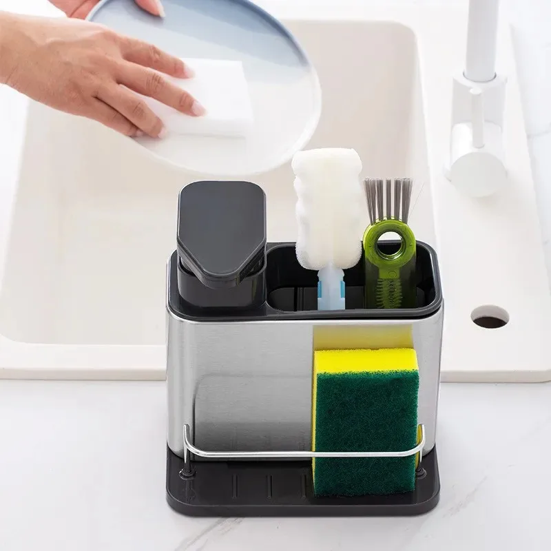 

3-in-1 Kitchen Stainless Steel Tableware Soap Dispenser, Sponge Holder, Sink Organizer Drain Rack, Suitable for Kitchen Sinks