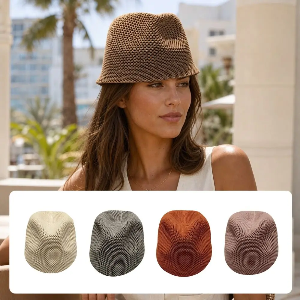 Breathable Mesh Knitted Pillbox Hat Lightweight Knit Multiple Colors Women Bucket Cap No Brim Design Summer Knit Hat