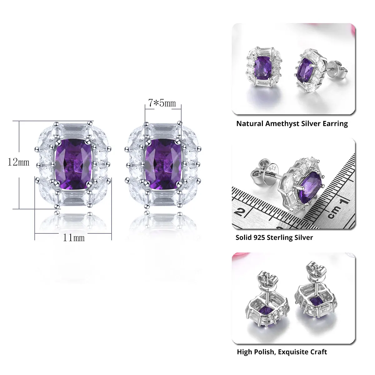 Natural Amethyst Sterling Silver Stud Earring 1.6 Carats Genuine Quarts Cushion Faced Cutting Classic Fine Jewelry Styles