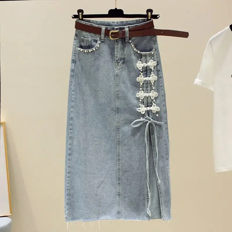 

2024 New Summer Women Cowboy Skirt Beading High Waist Split Medium Length Skirt A-line Fashions Female Korean Denim Skirts