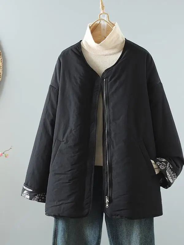 유니크 레트로 한국 일본풍 면 재킷 여성 캐주얼 라운드 넥 롱 슬리브 지퍼 슬레 패셔너블 출퇴근 아우터웨어