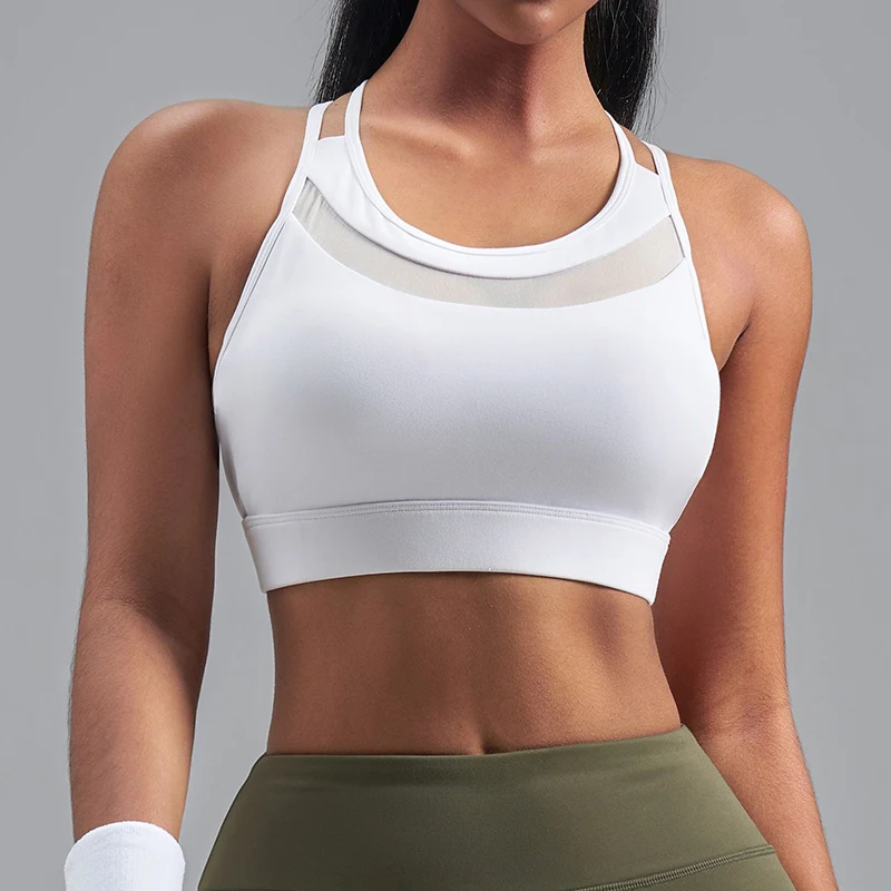 2026 New Women Double Strap Mesh Sports Bra Moisture Wicking Quick Dry Shockproof Racerback Yoga Bras with Fixed Chest Pads