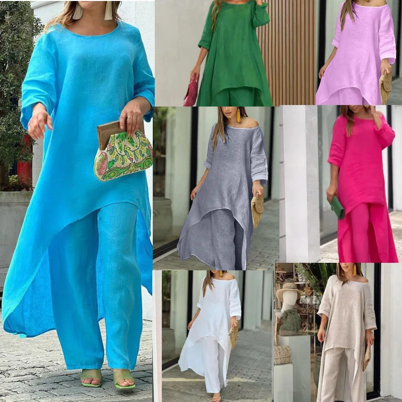 

New 2023 Women's Cotton Linen Casual Large Size Uneven Sleeve Long Sleeve Set Wide Leg Pants Two Piece Set Fashionable Ensemble