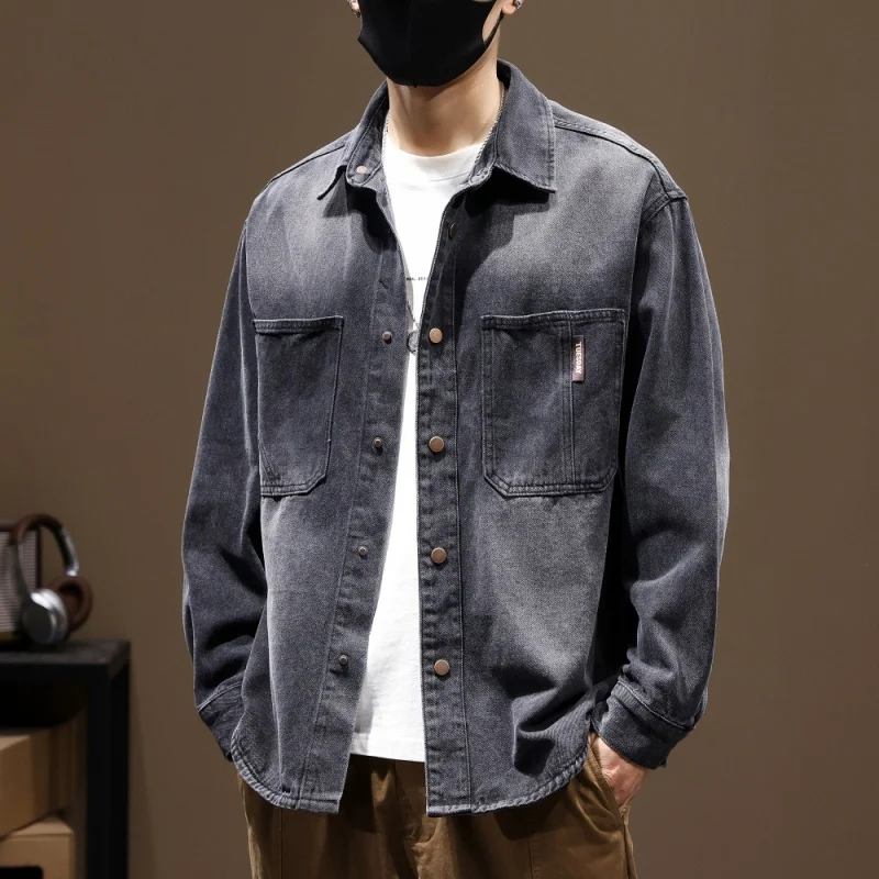 

American Retro Men's Denim irt Loose Fit Workwear Jaet Spring Autumn Trendy Brand Breathable Moisture ng Long Sve