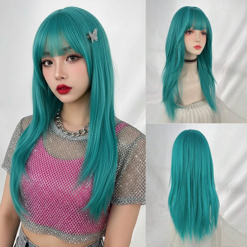 

Длинный прямой зеленый синтетический парик с челкой, женский термостойкий волокно Лолита для косплея, Хэллоуина, Рождества, повседневного гламурного вида