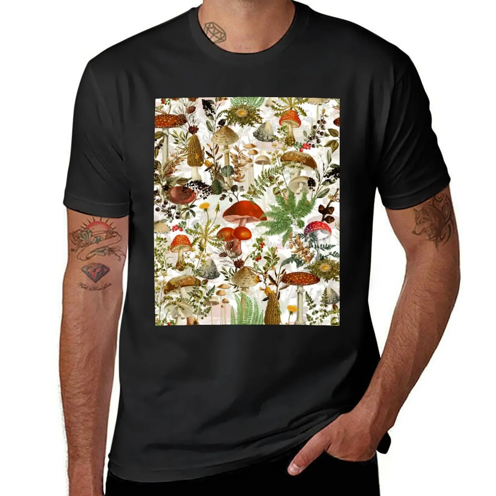 Vintage Midnight Mushrooms Forest Botanical Garden Pattern - White T-Shirt graphics vintage clothes t shirts for men graphic