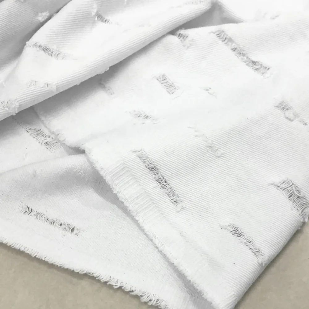

Denim Fabric White Hole Twill Set Trousers Clothing Designer Diy Sewing Cloth Polyester Material Wholesale By The Meter