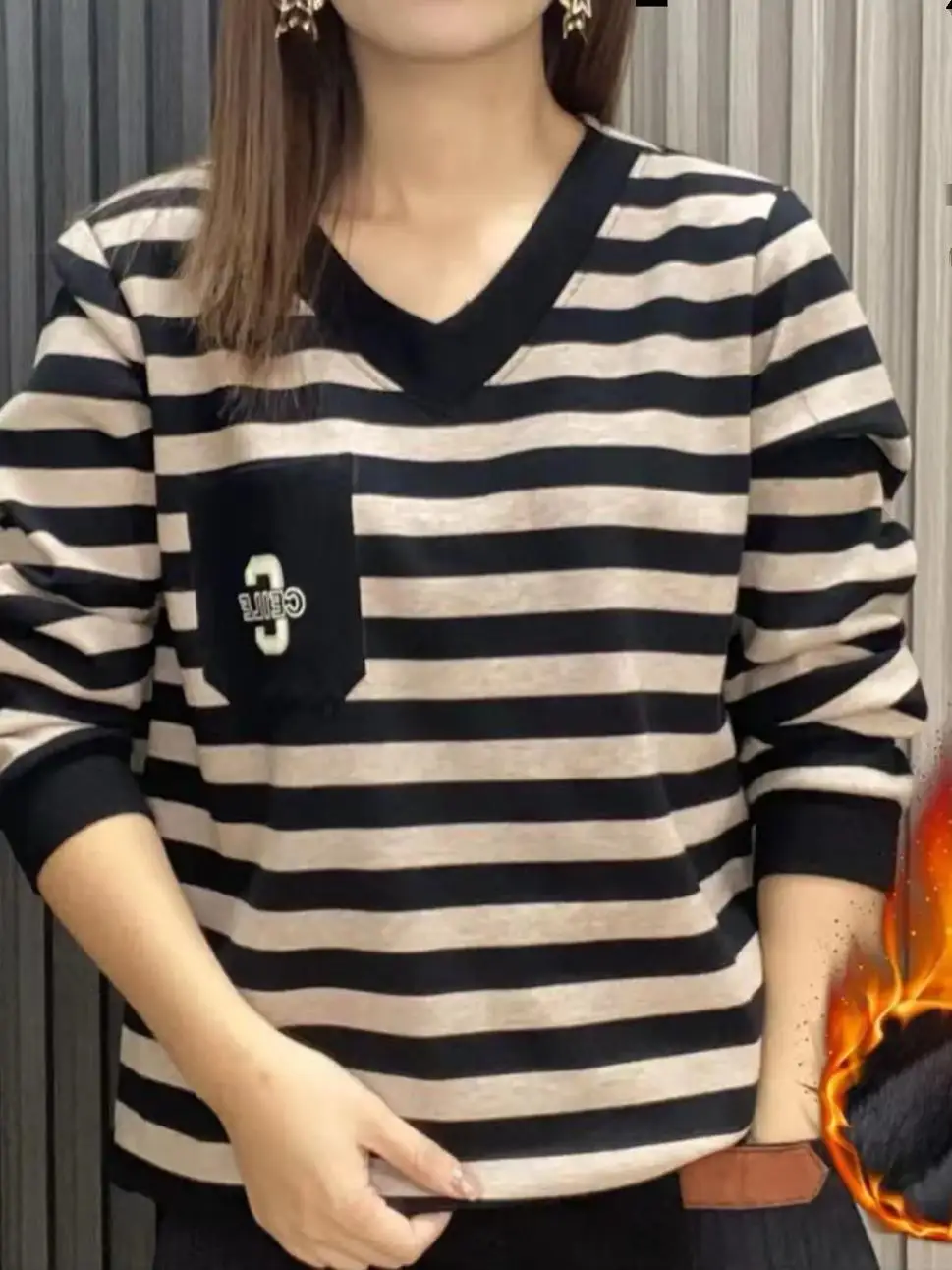 Thiened Fce Hoodie Dames Casual Basislaag T-shirt Herfst Winter Losse Vrije tijd Streep Top voor moeders van middelbare leeftijd