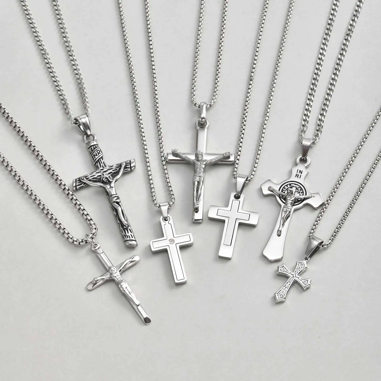 Stainless Steel Cross Pendant for Women Saint Benedict Catholic Jesus Silver Color Necklaces Prayer Jewelry Easter Gift