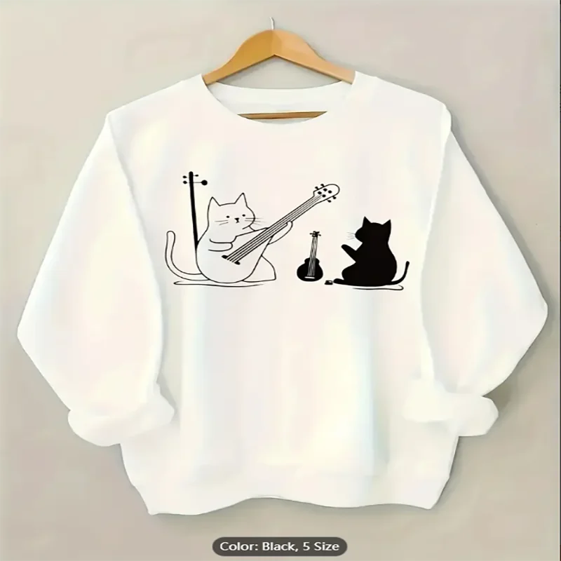 

Womens White Sweatshirt Cat Band Graphic Print Casual Oversized Pullover Top for Music Cat Lovers Comfortable Pure Cotton