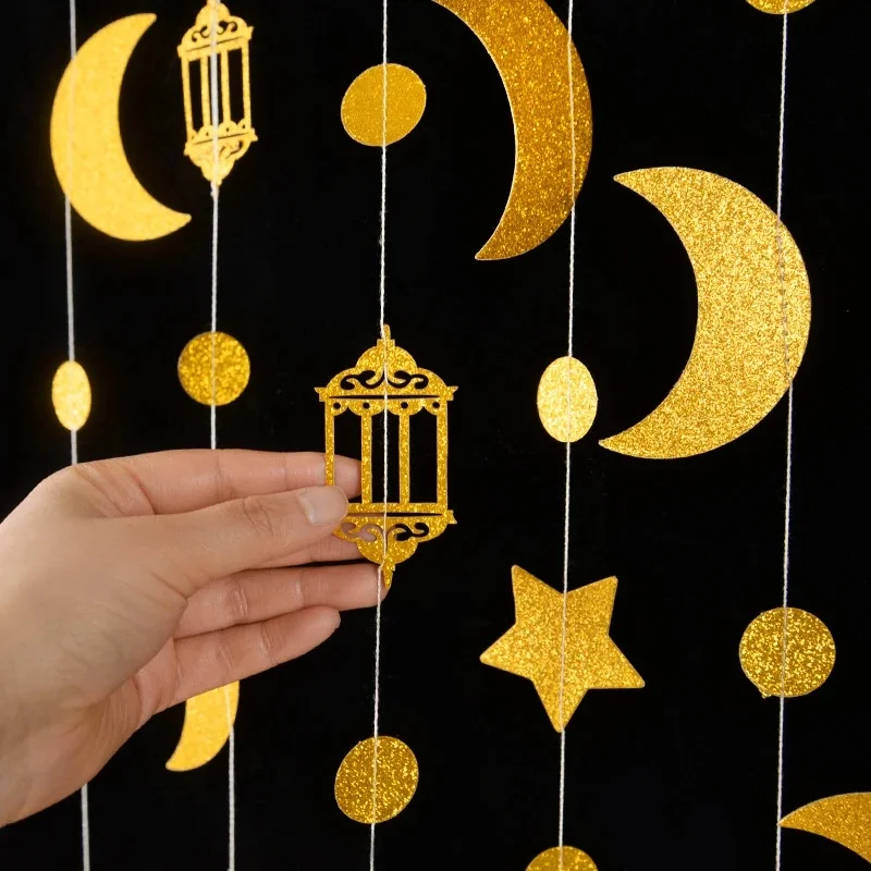Gold Eid ghirlande Mubarak Ramadan Decor Star Moon Circle Dot Crescent Lamp Paper Streamers sfondo Home Muslim Party Decoration