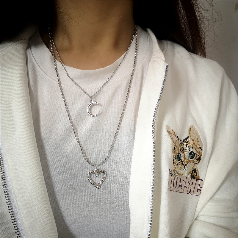 Kpop Goth Silver Color Heart Cross Pendant Chain Necklace For Women Men Egirl Y2K Cool EMO Punk Aesthetic Grunge Jewelry Gifts