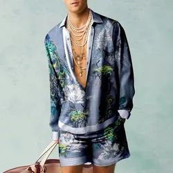 Peacock Pattern Shirt Set 3D Print Men Casual Fashion Long Sleeves Shirts Oversized Beach Shorts Summer Streetwear Suits Clothes