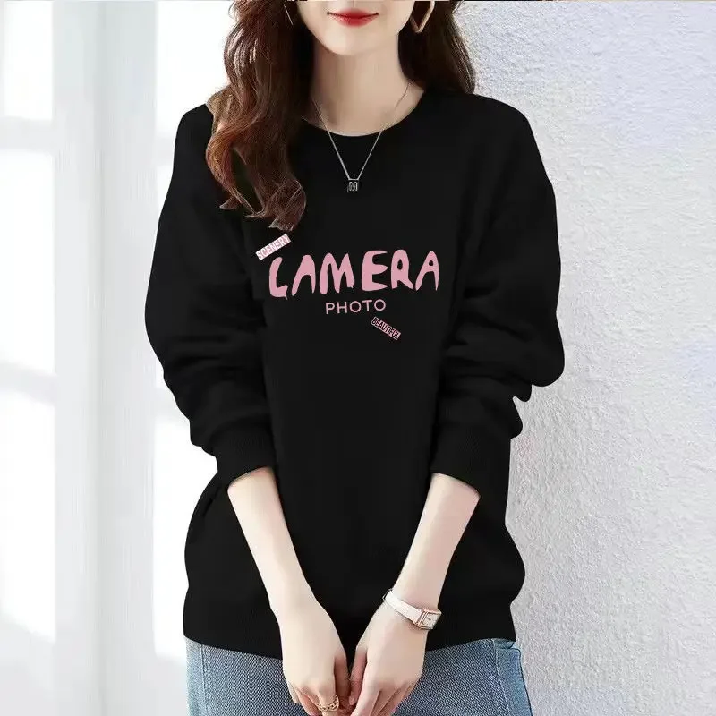 2023 Spring and Autumn Women's New Commuter Casual Round Neck Long Sleeve Plush Versatile Korean Loose and Comfortable Top