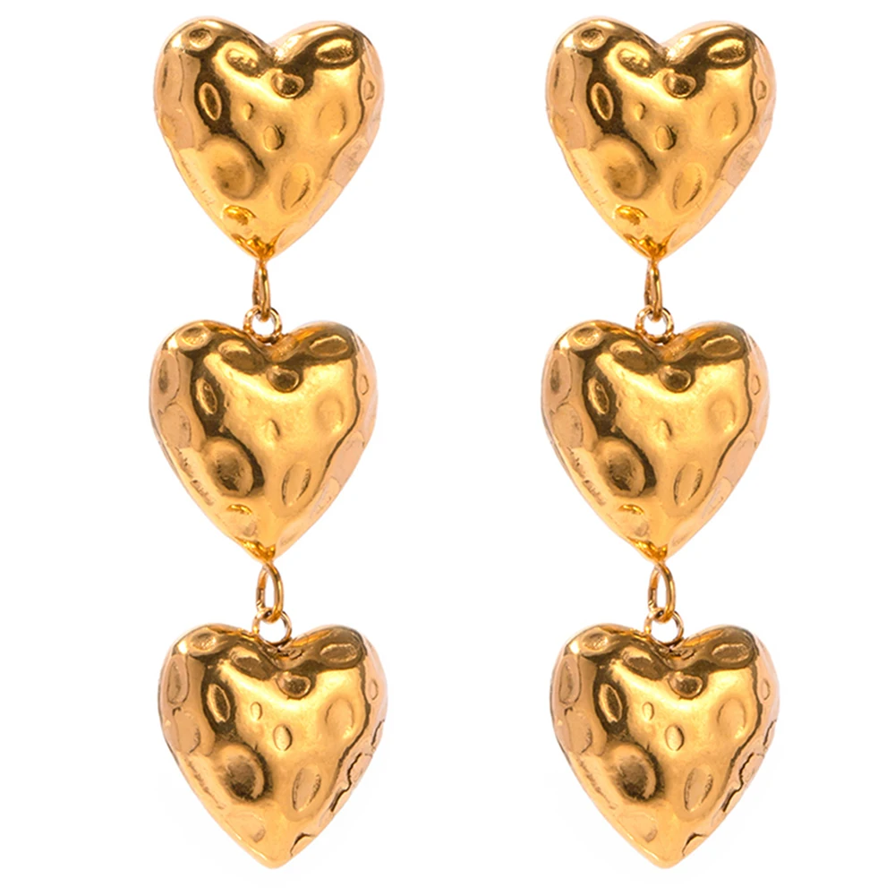 Uworld Stainless Steel Hammer Pattern Heart Three Layers Pendant Earrings Texture Drape Feeling Ladies Jewelry aretes de mujer