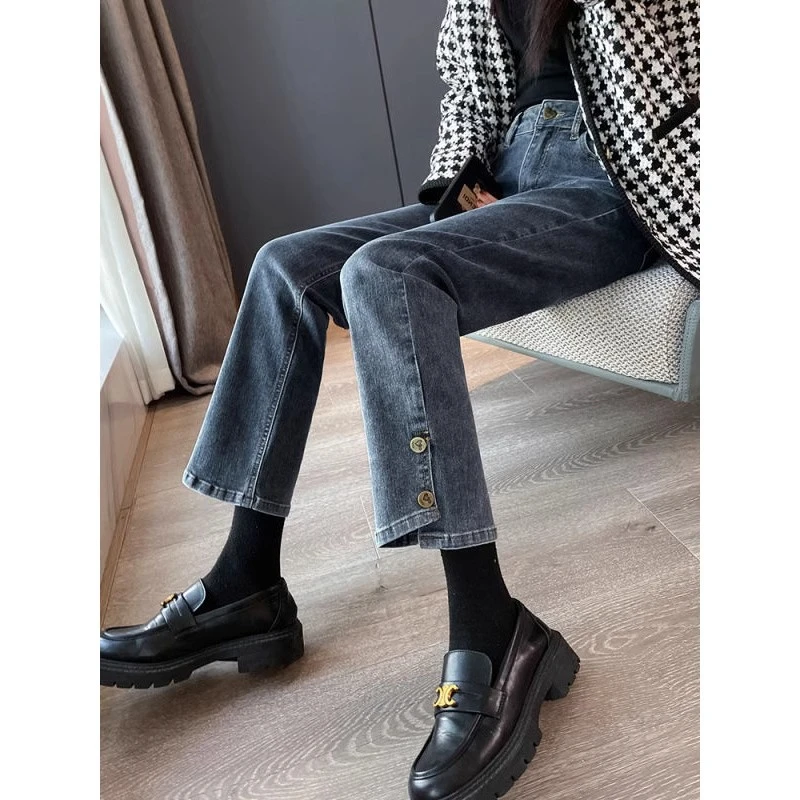 

Blue and gray splicing nine straight jeans female spring new button high waist thin Slim tobacco pipe pants tide