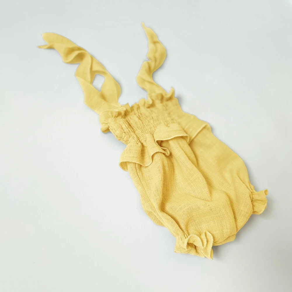 Newborn Photography Props Baby Girl Yellow Linen Cotton Off Shoulder Ruffle Tie Strap Romper Soft Infant Photo Shoot Outfit view 5