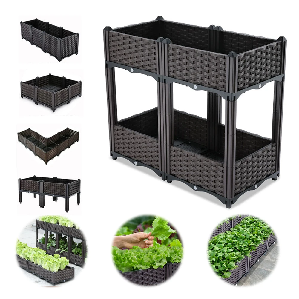 

2 Tier Thickened Planting Box with Water Storage Tray Plastic Planter Box Raised Garden Bed for Flowers Tomato and Herbs