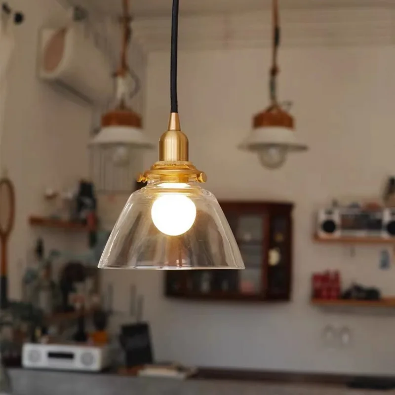 Nordic Retro Simple Bedside Aisle Brass Transparent Glass Small Chandelier