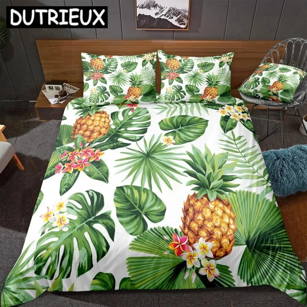 Pineapples Bedding Set White Quilt Cover Green Palm Leaves Duvet Cover Set King Dropship Home Textiles Botanical Bed Set Flowers