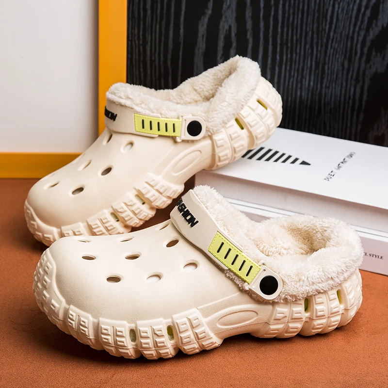 Men's Winter Clogs with Thick Soles, Non-Slip, Closed-Toe Slippers, Youth Indoor Fleece-Lined Warm Cotton Slippers